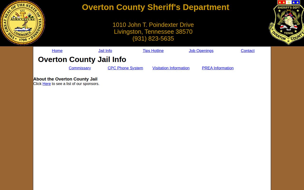 Overton County jail roster information page